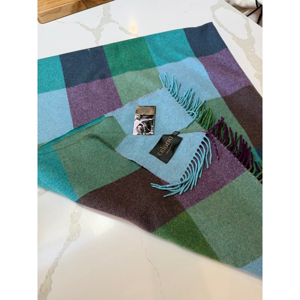 NWT Triona Ireland 100% Wool Plaid Throw Blanket 54" x 70" fringe blue green